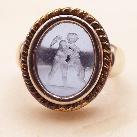 FLLI MENEGATTI 925 -18K VENETIAN BLUE GLASS INTAGLIO OF PUTTI & DOG SZ.7 RING 18 - Picture 2 of 6